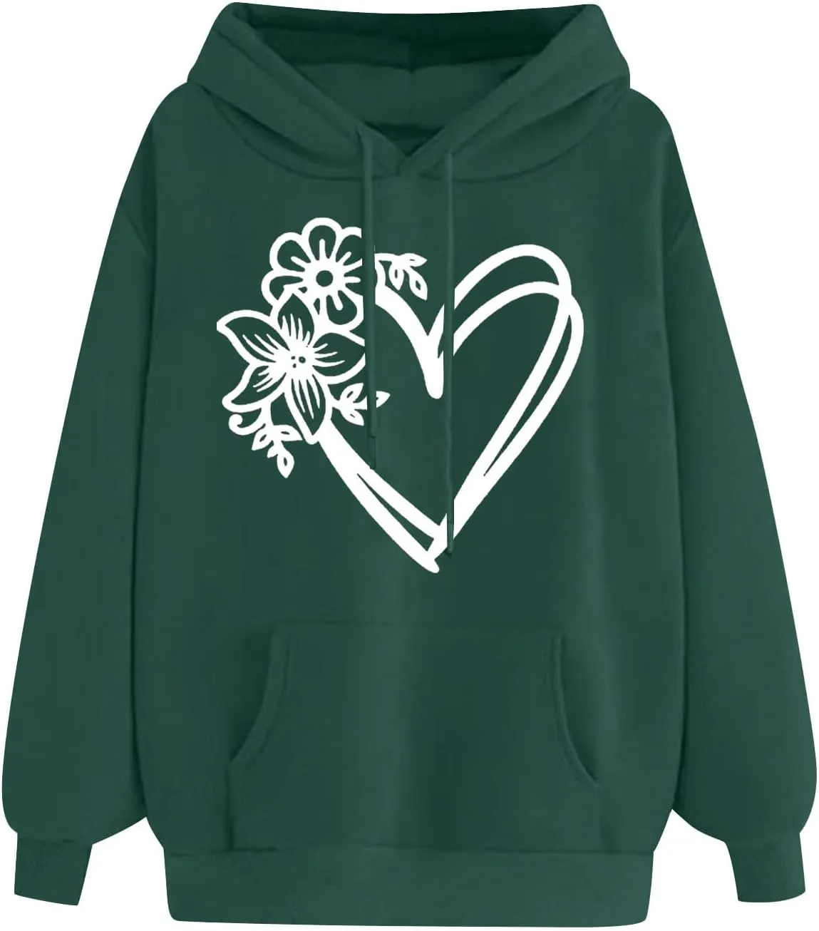 Hoodies for Women Heart Print Floral Graphic Sweatshirt Casual Long Sleeve Drawstring Hoodie with Pocket
