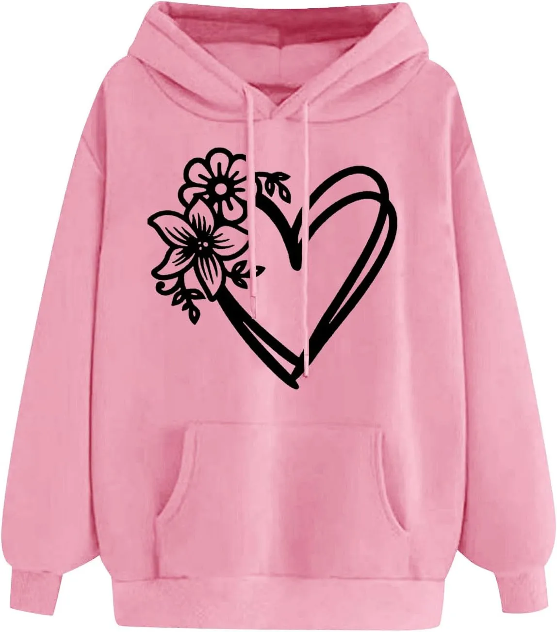 Hoodies for Women Heart Print Floral Graphic Sweatshirt Casual Long Sleeve Drawstring Hoodie with Pocket
