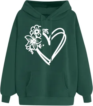 Hoodies for Women Heart Print Floral Graphic Sweatshirt Casual Long Sleeve Drawstring Hoodie with Pocket