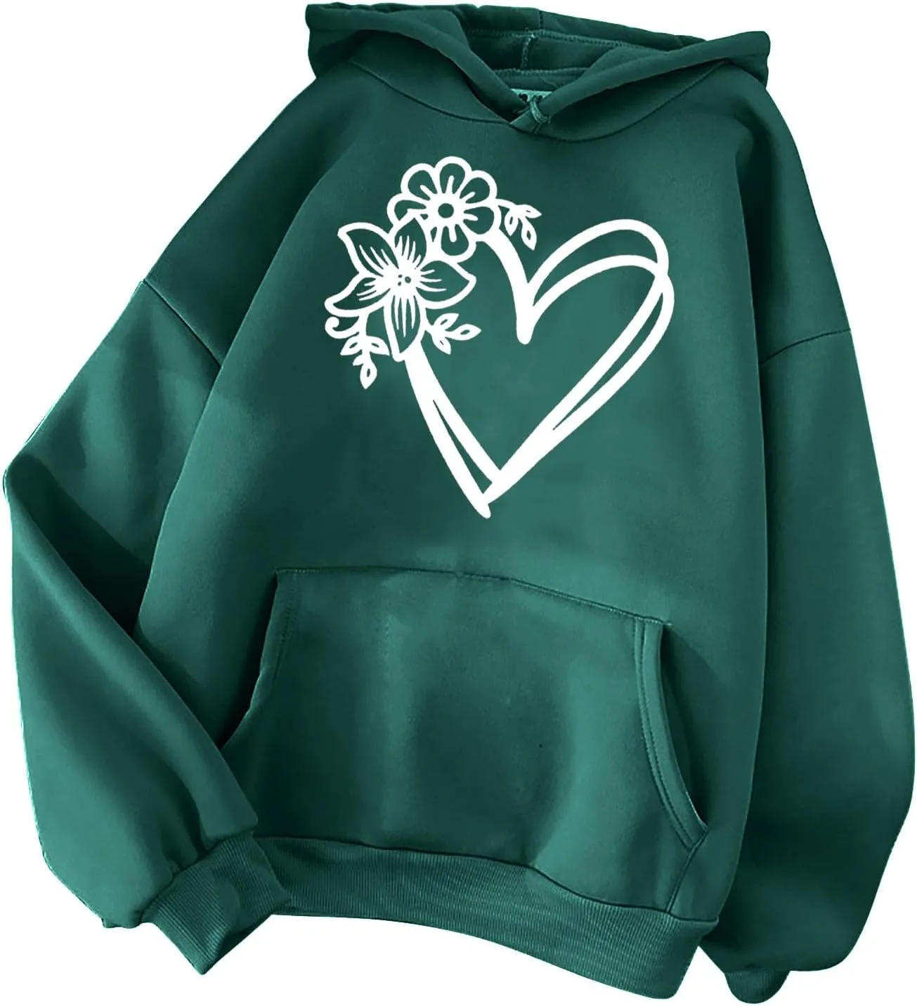 Hoodies for Women Heart Print Floral Graphic Sweatshirt Casual Long Sleeve Drawstring Hoodie with Pocket