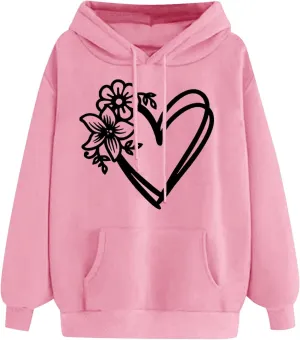 Hoodies for Women Heart Print Floral Graphic Sweatshirt Casual Long Sleeve Drawstring Hoodie with Pocket
