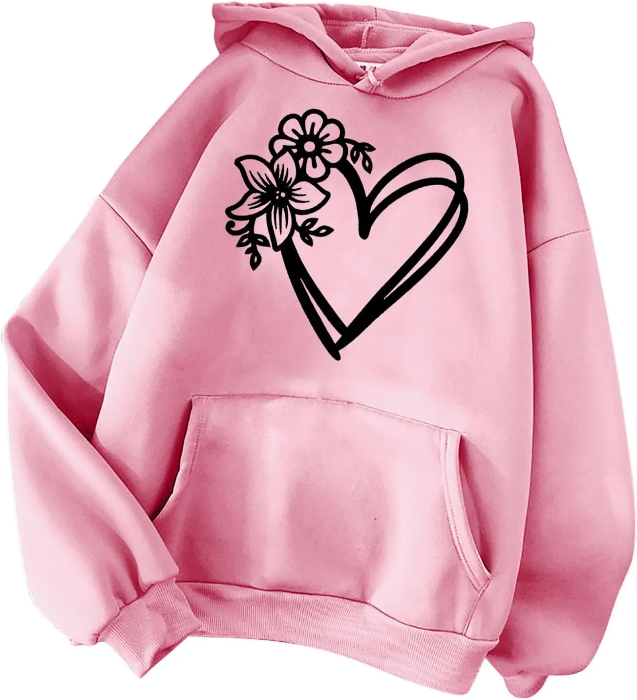 Hoodies for Women Heart Print Floral Graphic Sweatshirt Casual Long Sleeve Drawstring Hoodie with Pocket