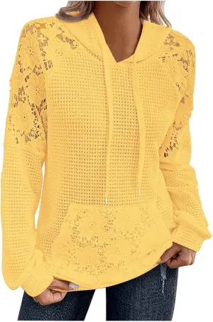 Hoodies For Women Lace Long Sleeve Drawstraing Fashion Sweatshirts Loose Waffle Knit Sweatshirt with Pocket
