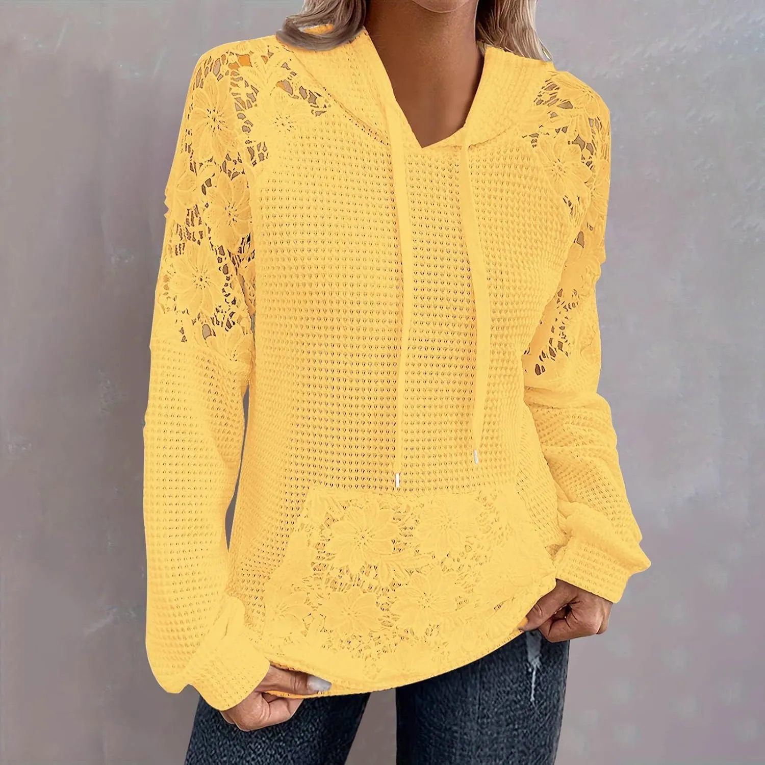 Hoodies For Women Lace Long Sleeve Drawstraing Fashion Sweatshirts Loose Waffle Knit Sweatshirt with Pocket