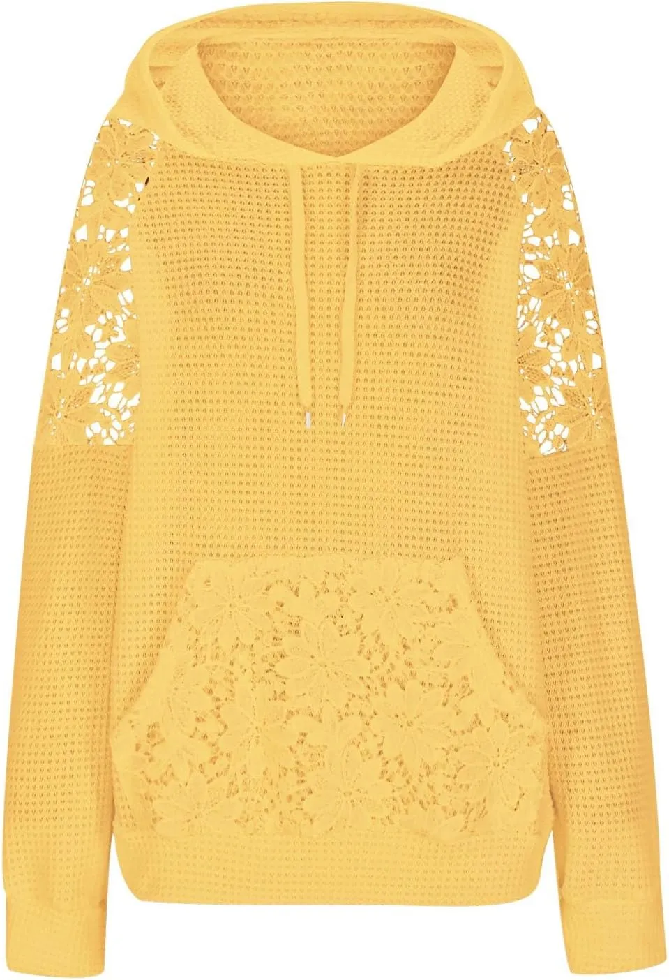 Hoodies For Women Lace Long Sleeve Drawstraing Fashion Sweatshirts Loose Waffle Knit Sweatshirt with Pocket
