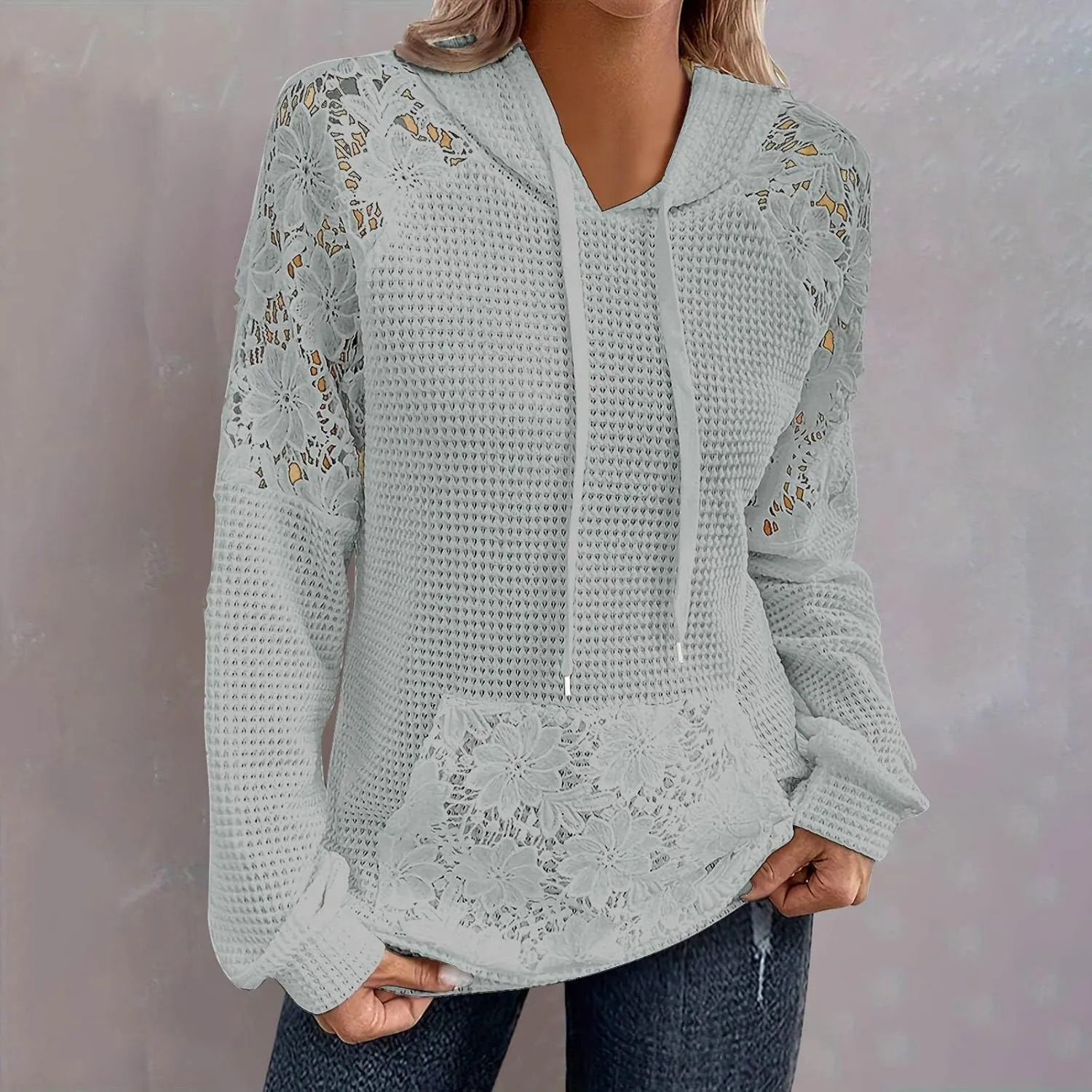 Hoodies For Women Lace Long Sleeve Drawstraing Fashion Sweatshirts Loose Waffle Knit Sweatshirt with Pocket