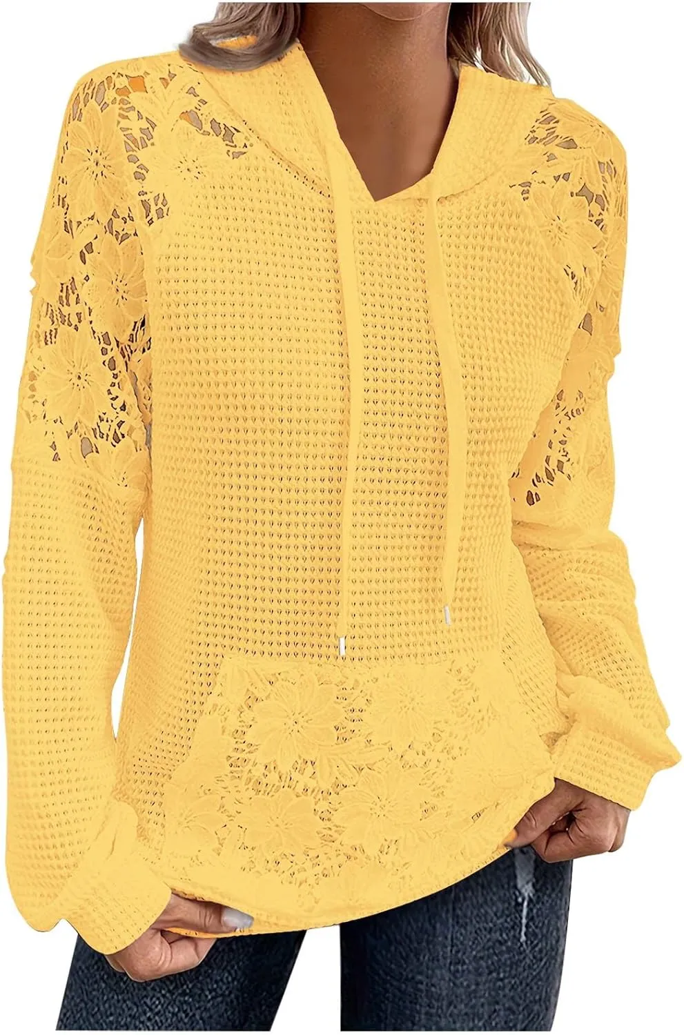 Hoodies For Women Lace Long Sleeve Drawstraing Fashion Sweatshirts Loose Waffle Knit Sweatshirt with Pocket