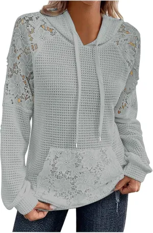 Hoodies For Women Lace Long Sleeve Drawstraing Fashion Sweatshirts Loose Waffle Knit Sweatshirt with Pocket