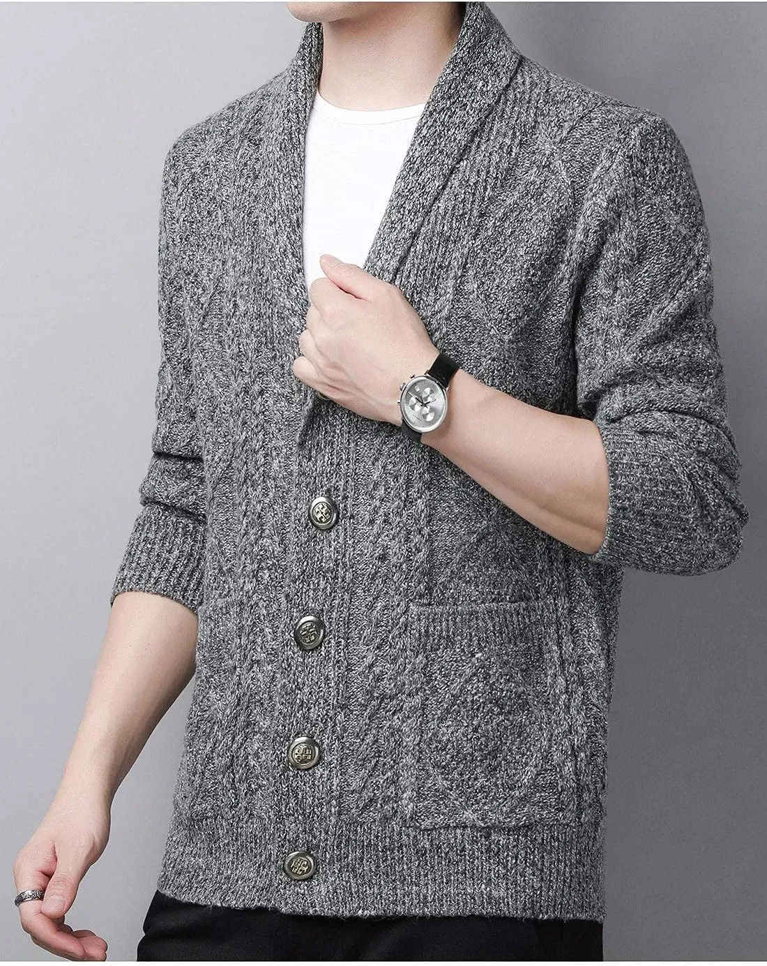 Hotmiss Men's Casual Shawl Collar Button Down Cabel Knit Pockets Cardigans Sweaters