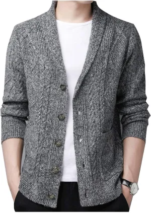 Hotmiss Men's Casual Shawl Collar Button Down Cabel Knit Pockets Cardigans Sweaters