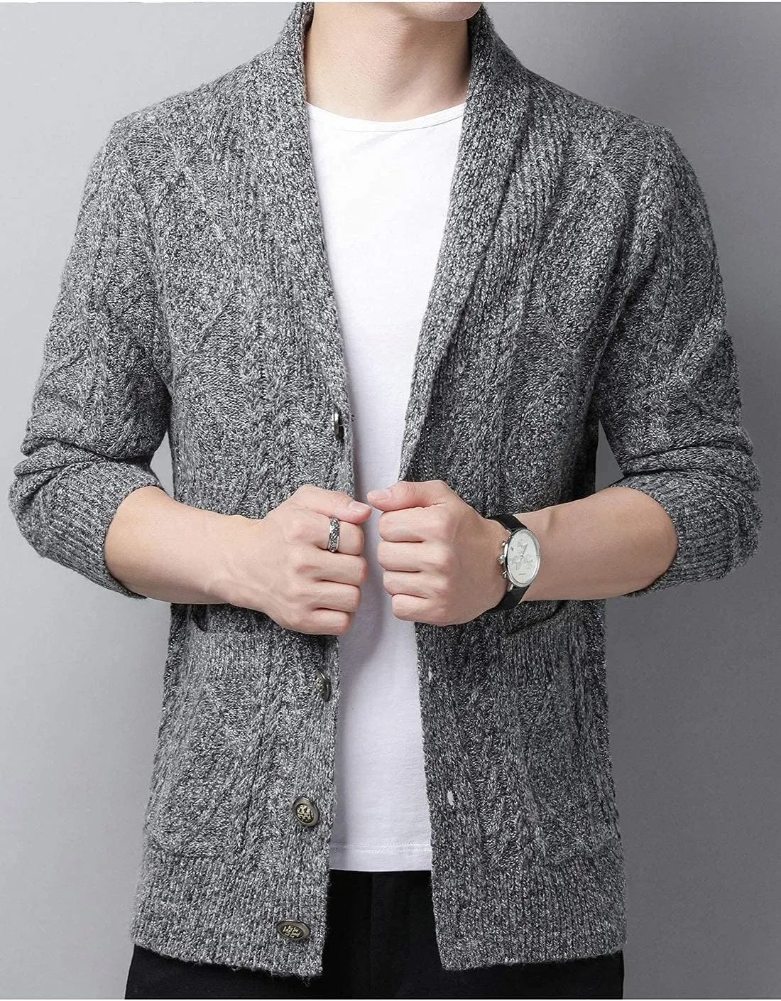 Hotmiss Men's Casual Shawl Collar Button Down Cabel Knit Pockets Cardigans Sweaters