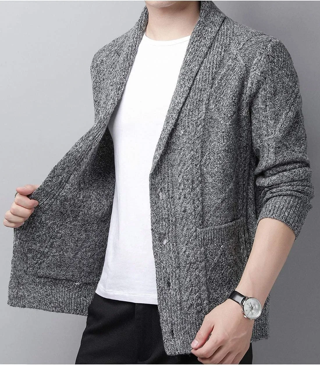 Hotmiss Men's Casual Shawl Collar Button Down Cabel Knit Pockets Cardigans Sweaters