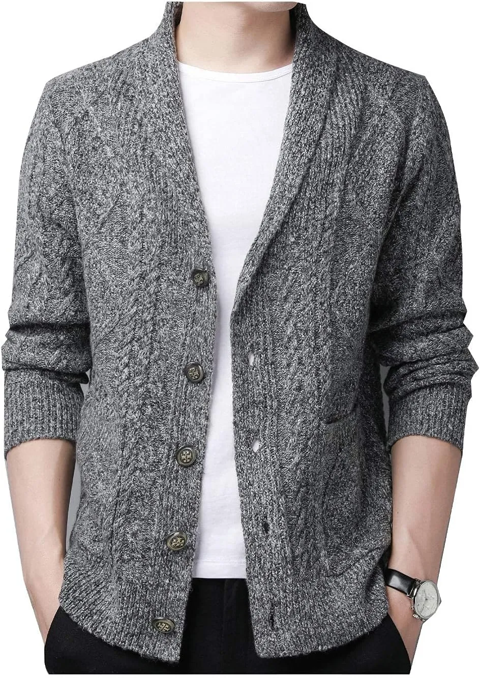 Hotmiss Men's Casual Shawl Collar Button Down Cabel Knit Pockets Cardigans Sweaters