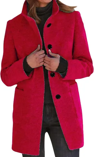 HXHYQKP Pea Coats for Women Basic Stand Collar Slim Fit Jacket Pea Coat Notched Lapel Trench Coat