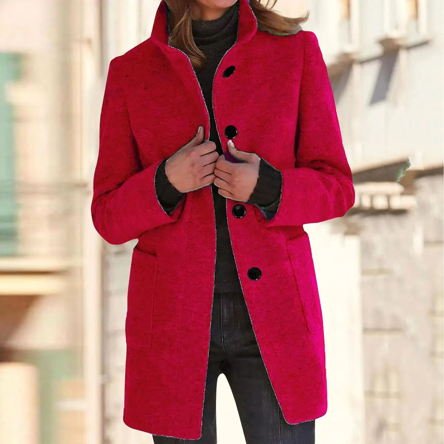 HXHYQKP Pea Coats for Women Basic Stand Collar Slim Fit Jacket Pea Coat Notched Lapel Trench Coat
