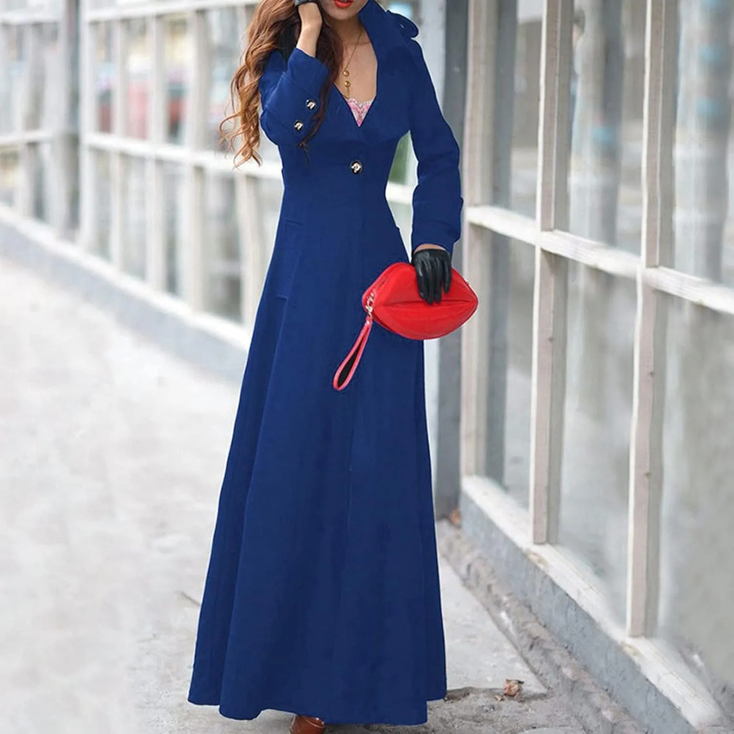 HXHYQKP Women's Wool Blend Long Coat Overcoat Woolen Coat Casual Winter Outerwear Vintage Warm Jacket