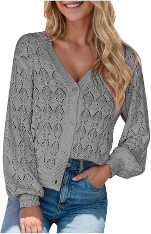 iLH Cardigans for Women 2024 Fall Lightweight Open Front Sweater V Neck Button Down Knit Outerwear Loose Crochet Jacket