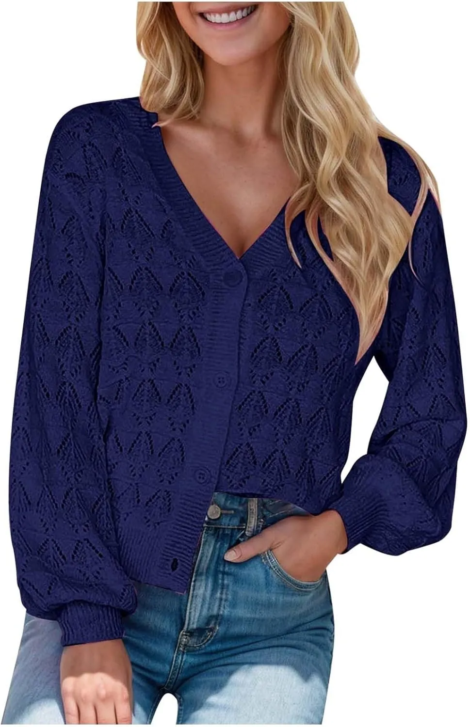 iLH Womens Cardigan 2024 Fall Lightweight Open Front Sweater V Neck Button Down Knit Outerwear Loose Crochet Jacket