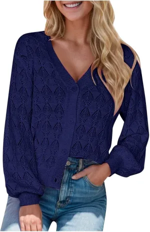 iLH Womens Cardigan 2024 Fall Lightweight Open Front Sweater V Neck Button Down Knit Outerwear Loose Crochet Jacket