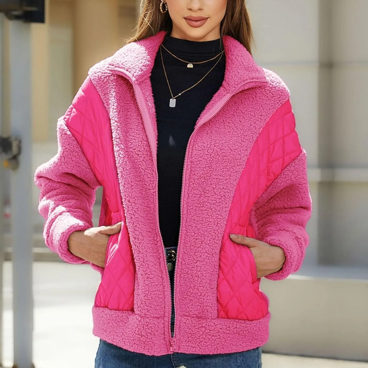 Jackets for Women Full Zip Fuzzy Fleece Sherpa Lined Cardignas Jacket Plus Size Open Front Winter Coats with Pockets