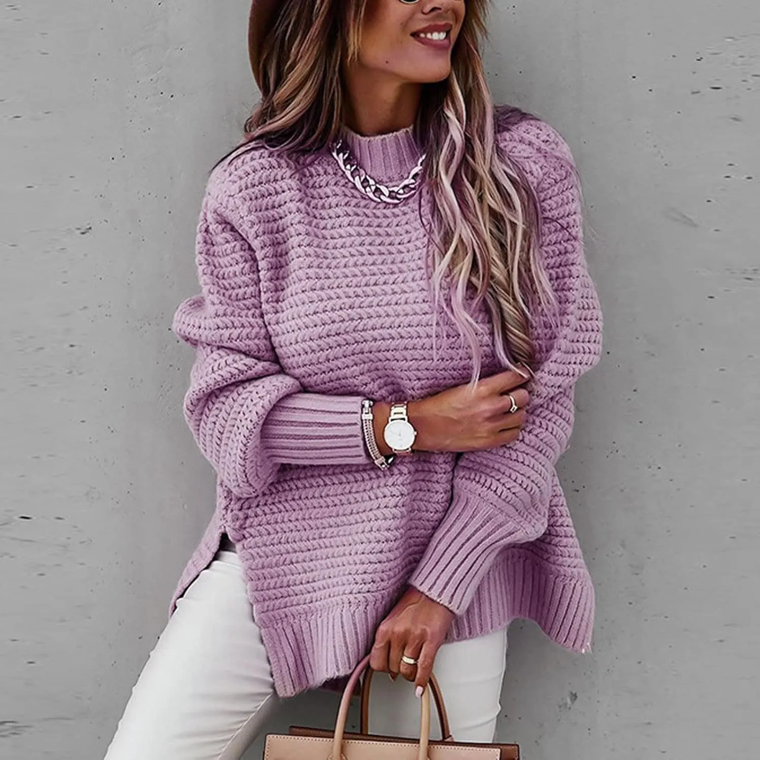 JEGULV Turtleneck Sweaters for Woman Dressy Casual Long Sleeve Cable Knit Pullover Tops Sweaters Loose Soft Jumper Sweaters