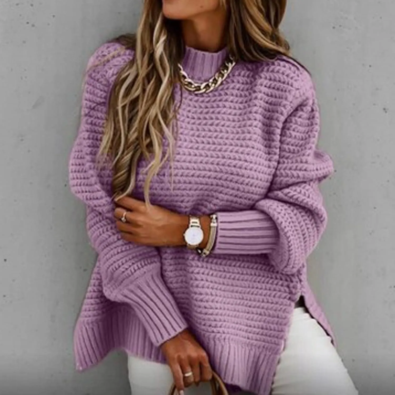 JEGULV Turtleneck Sweaters for Woman Dressy Casual Long Sleeve Cable Knit Pullover Tops Sweaters Loose Soft Jumper Sweaters