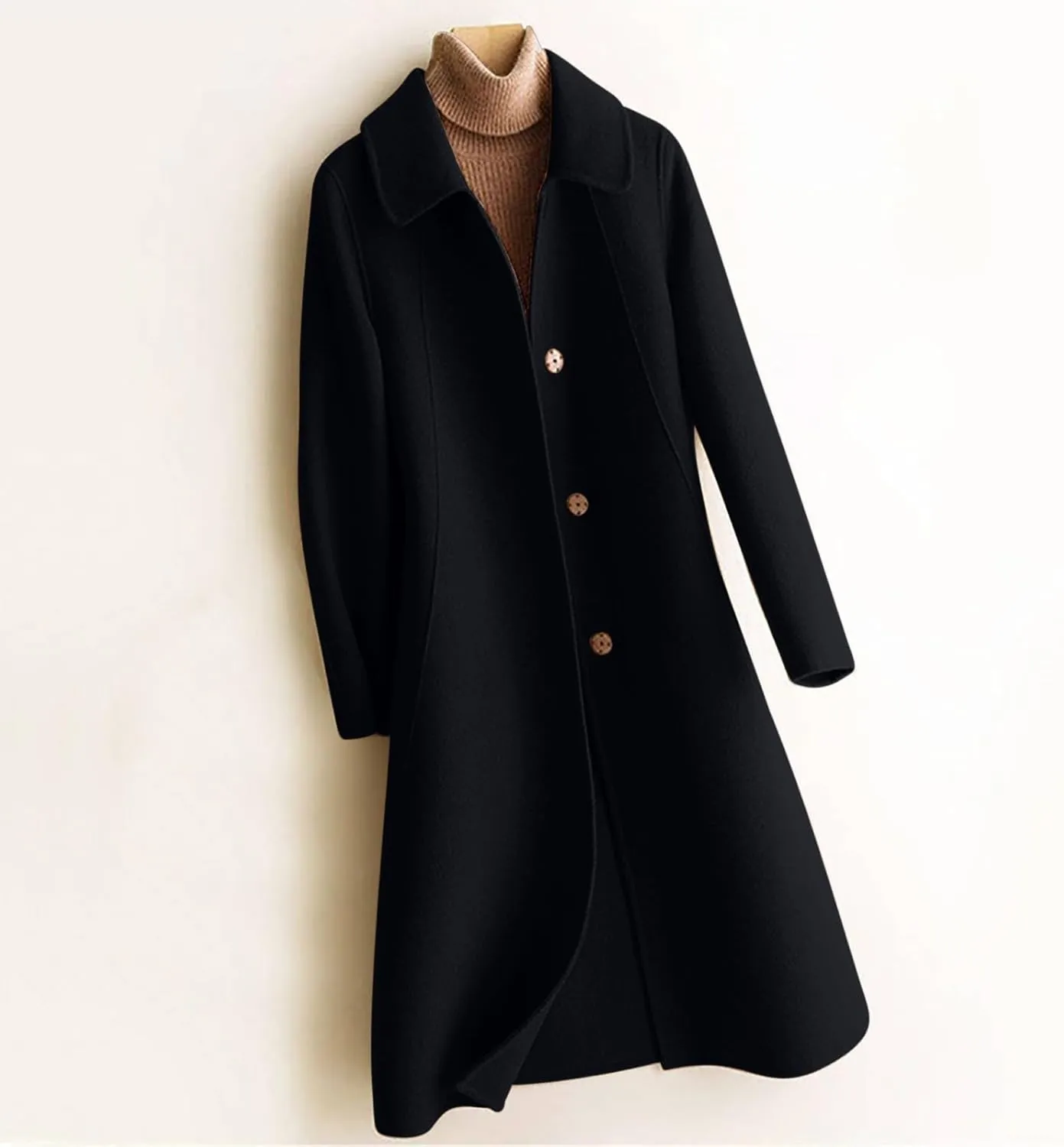 JOAU Women's Mid-Length Trench Coat Casual Fashion Slim Fit Lapel Button Down Wool Blend Pea Coats Elegant Overcoat Jackets