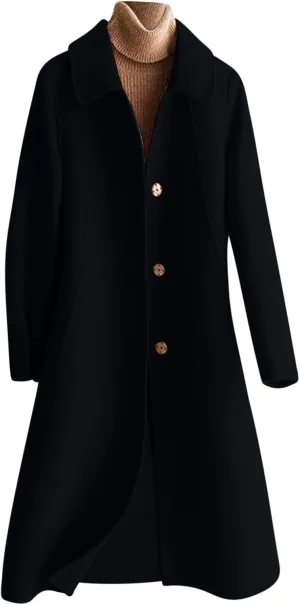 JOAU Women's Mid-Length Trench Coat Casual Fashion Slim Fit Lapel Button Down Wool Blend Pea Coats Elegant Overcoat Jackets