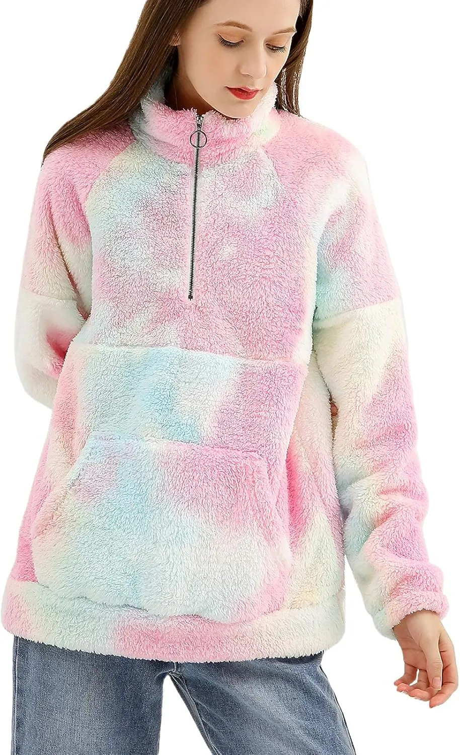 KEEVICI Womens Tie Dye Hoodie Cozy Oversize Fluffy Fleece Sweatshirt Pullover Outwear