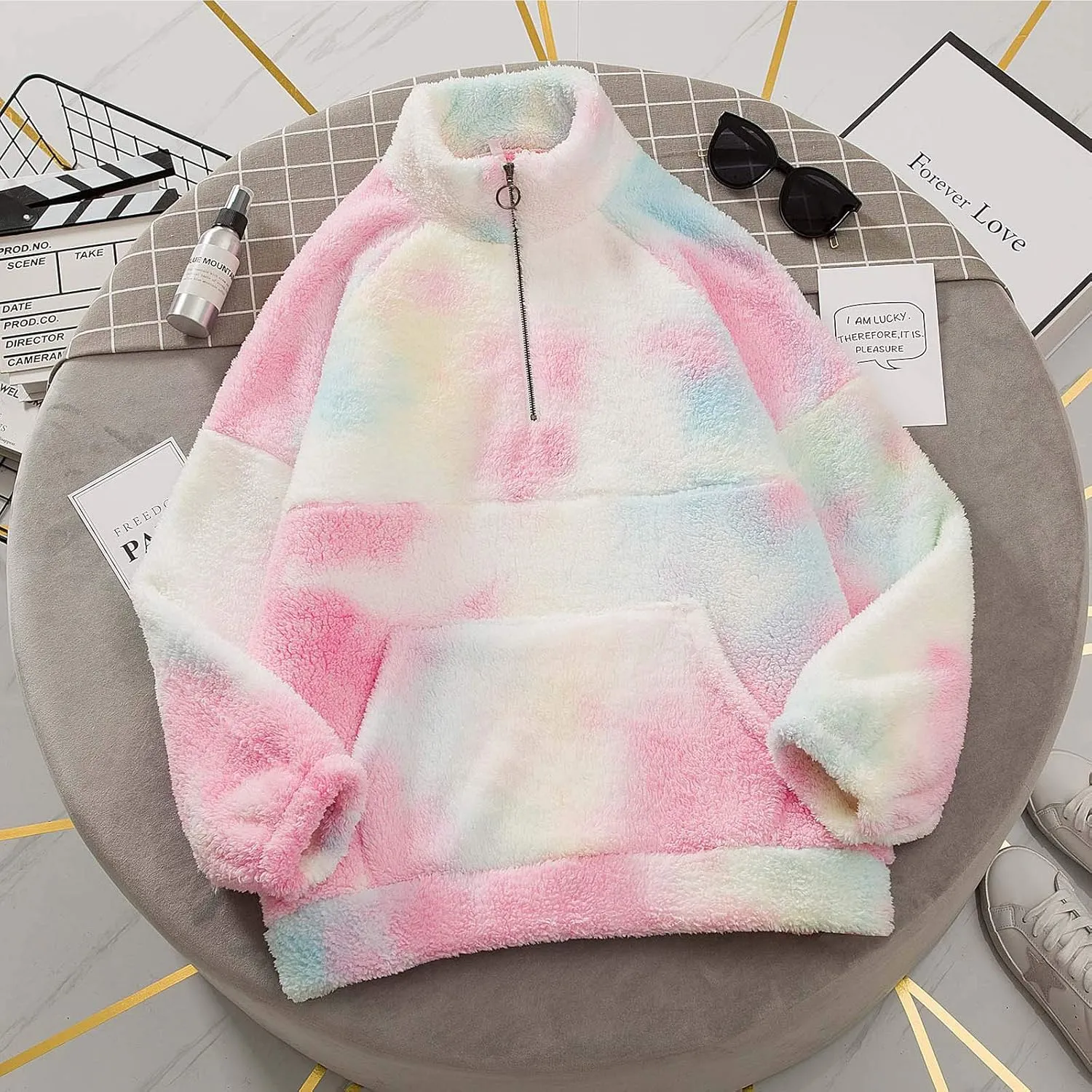 KEEVICI Womens Tie Dye Hoodie Cozy Oversize Fluffy Fleece Sweatshirt Pullover Outwear