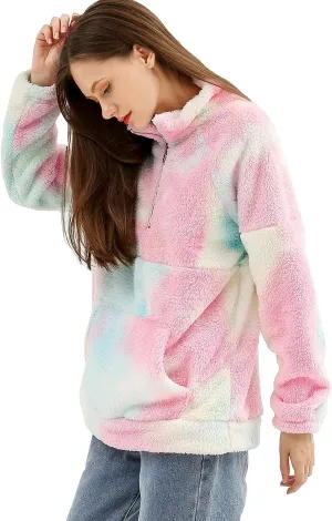 KEEVICI Womens Tie Dye Hoodie Cozy Oversize Fluffy Fleece Sweatshirt Pullover Outwear