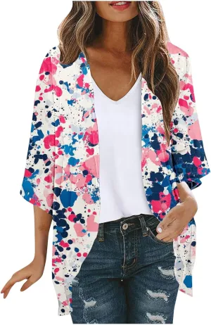 Kimono Cardigans for Women Lightweight Bathing Suit Cover Up 3/4 Sleeve Cardigan Summer Vacation Outfits