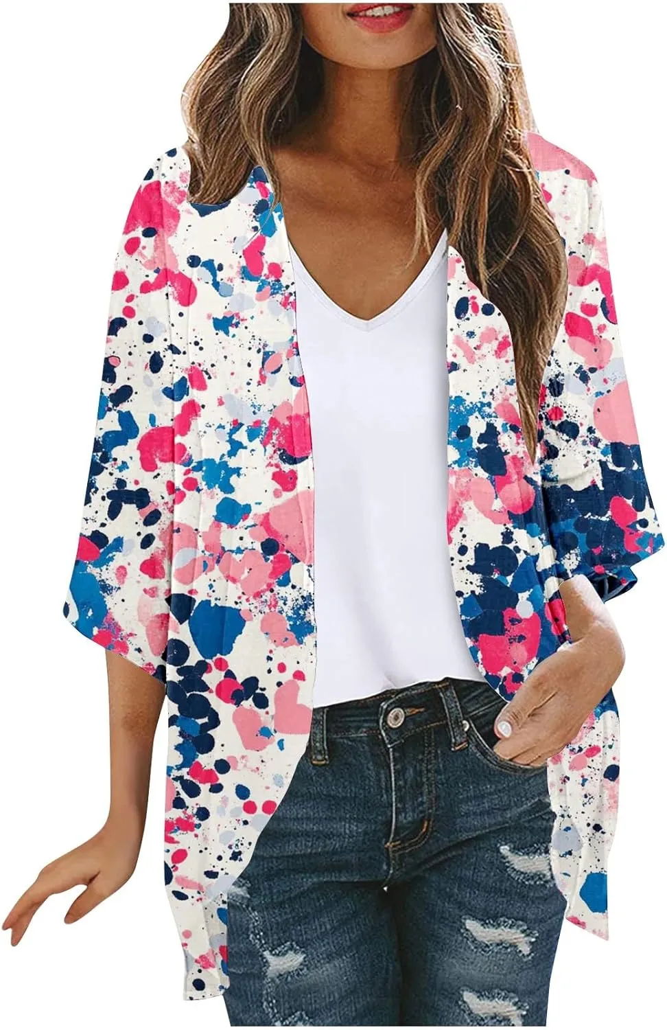 Kimono Cardigans for Women Lightweight Bathing Suit Cover Up 3/4 Sleeve Cardigan Summer Vacation Outfits