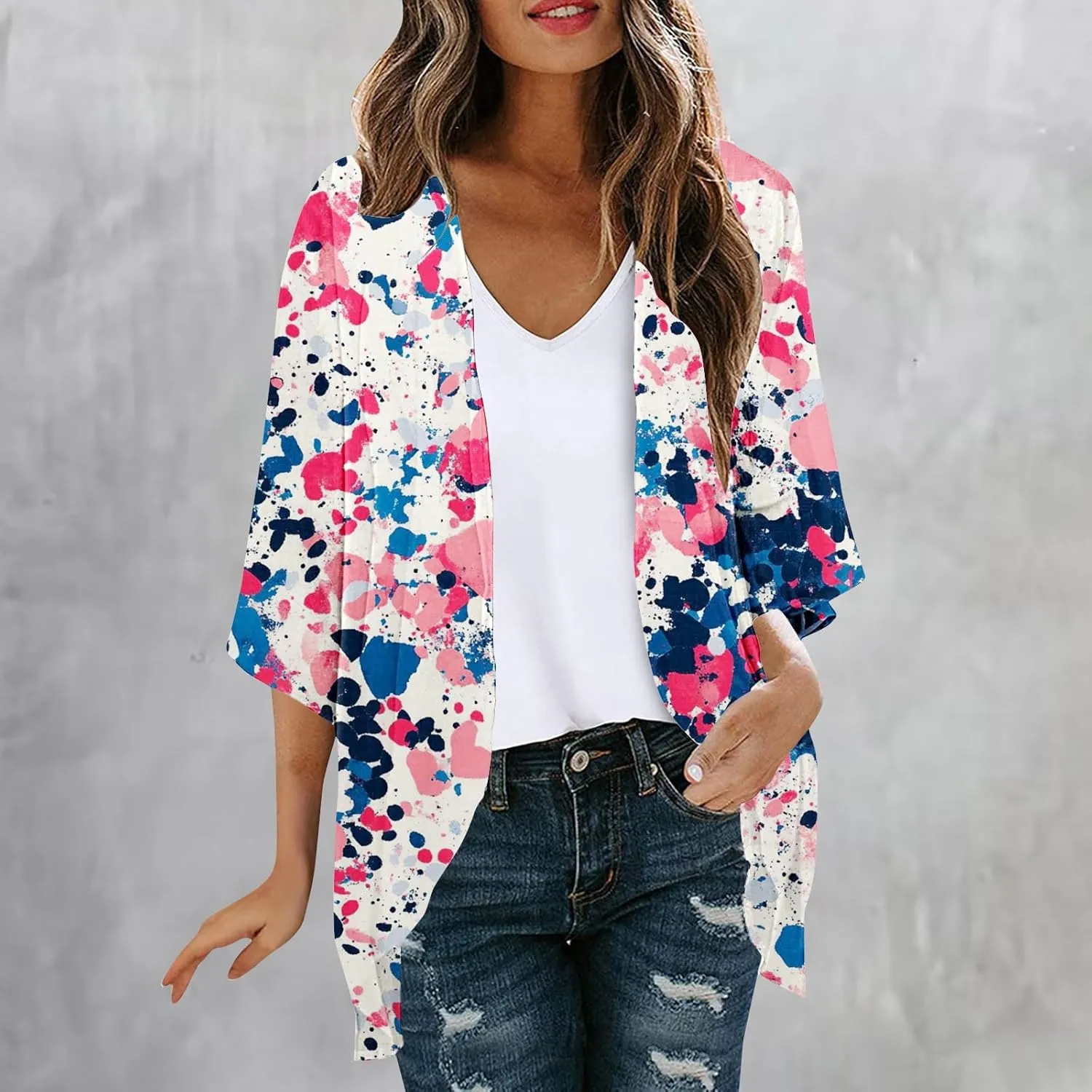 Kimono Cardigans for Women Lightweight Bathing Suit Cover Up 3/4 Sleeve Cardigan Summer Vacation Outfits
