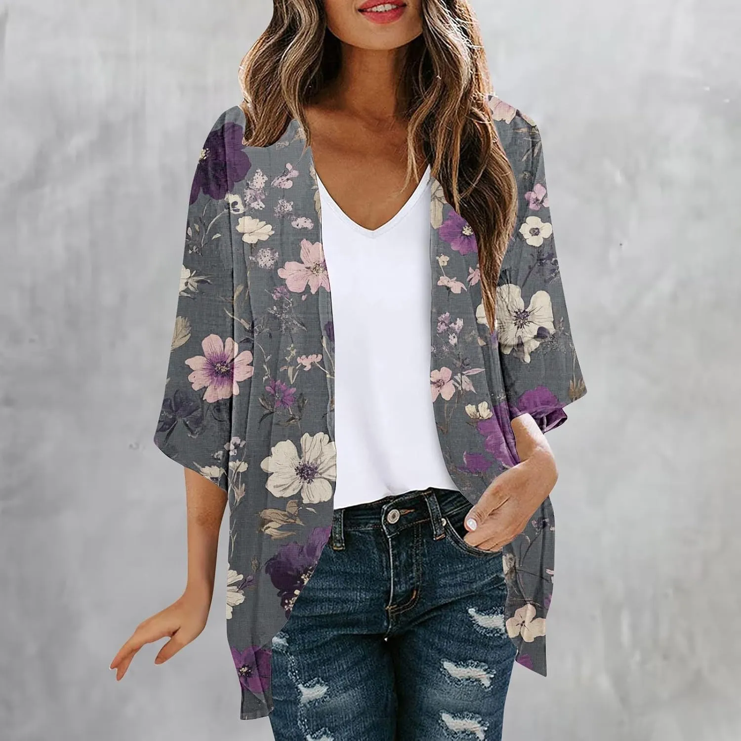 Kimono Cardigans for Women Lightweight Bathing Suit Cover Up 3/4 Sleeve Cardigan Summer Vacation Outfits
