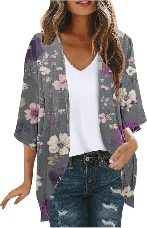 Kimono Cardigans for Women Lightweight Bathing Suit Cover Up 3/4 Sleeve Cardigan Summer Vacation Outfits