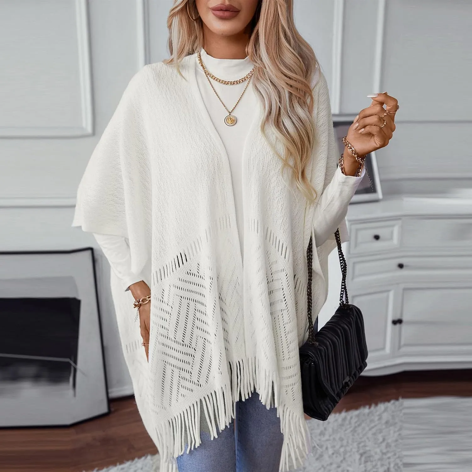 Knit Shawl Wrap for Women, Ladies Knitted Poncho Cape Open Front Cardigan Sweater Outwear with Tassel for Fall Winter