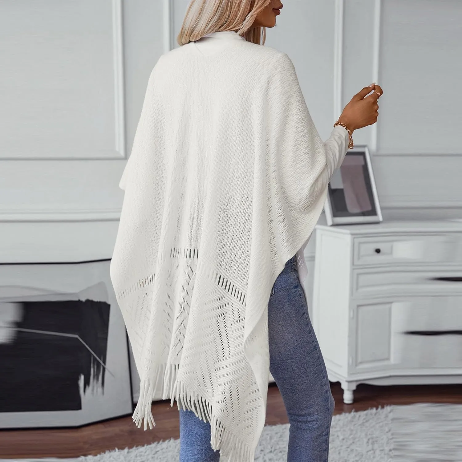 Knit Shawl Wrap for Women, Ladies Knitted Poncho Cape Open Front Cardigan Sweater Outwear with Tassel for Fall Winter