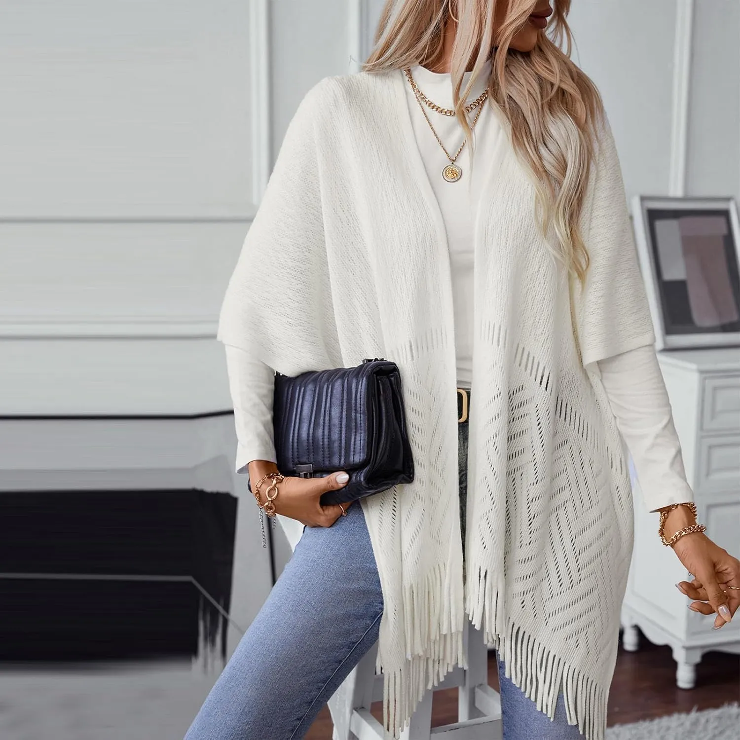 Knit Shawl Wrap for Women, Ladies Knitted Poncho Cape Open Front Cardigan Sweater Outwear with Tassel for Fall Winter