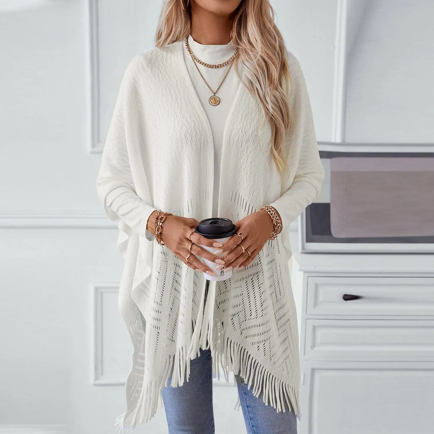 Knit Shawl Wrap for Women, Ladies Knitted Poncho Cape Open Front Cardigan Sweater Outwear with Tassel for Fall Winter