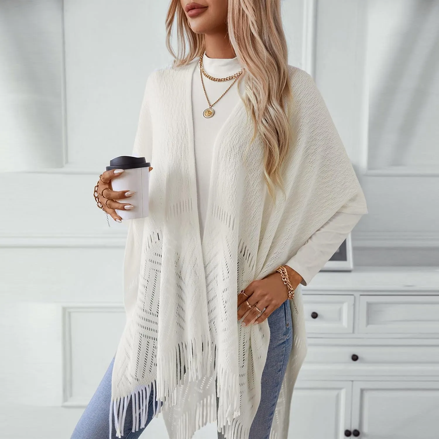 Knit Shawl Wrap for Women, Ladies Knitted Poncho Cape Open Front Cardigan Sweater Outwear with Tassel for Fall Winter