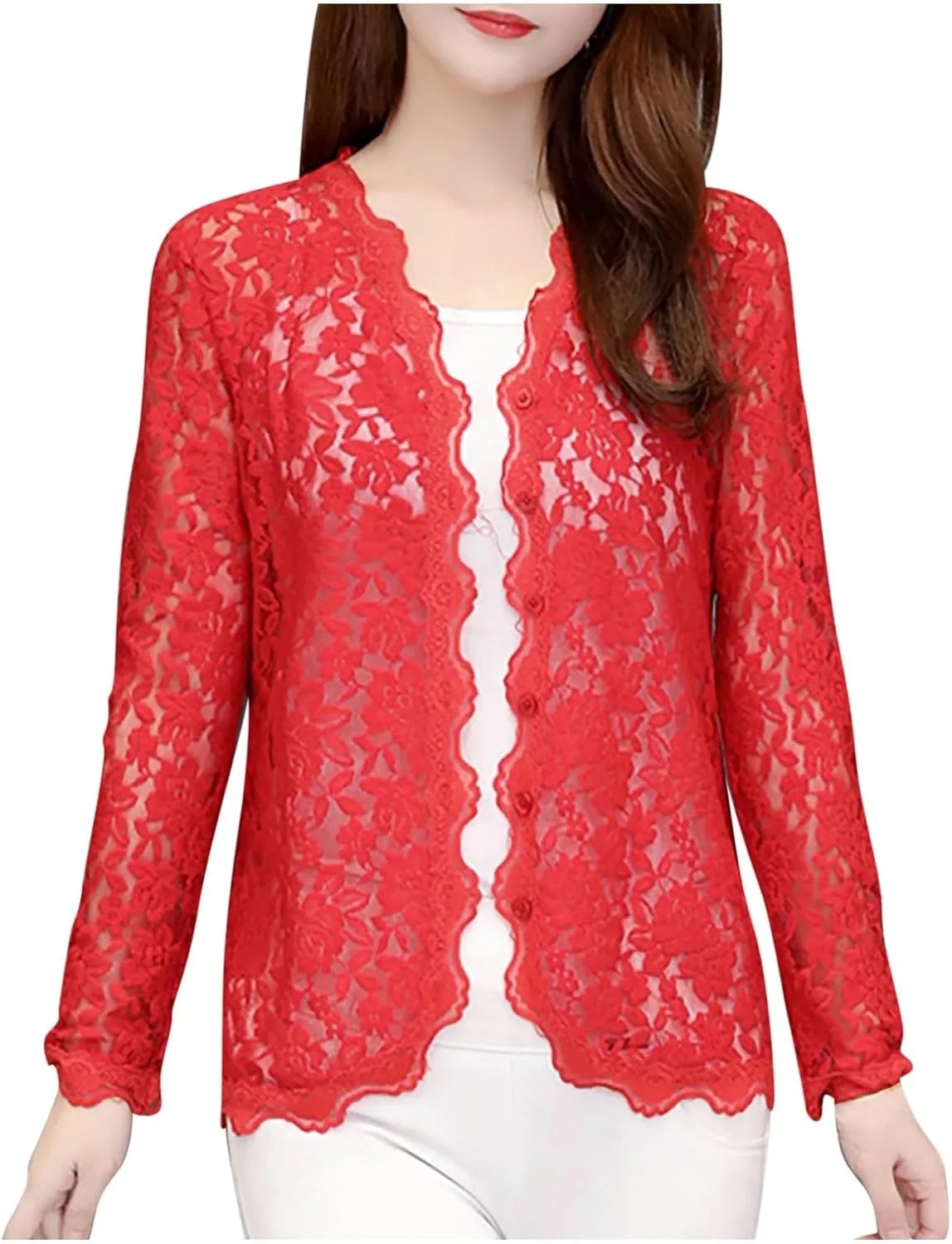 Lace Floral Shrug Cardigans for Women Plus Size Long Sleeve Open Front Crochet Bolero Jacket Cropped Cardigan