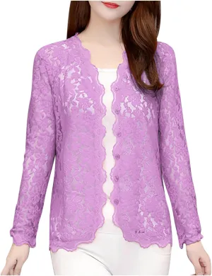Lace Floral Shrug Cardigans for Women Plus Size Long Sleeve Open Front Crochet Bolero Jacket Cropped Cardigan