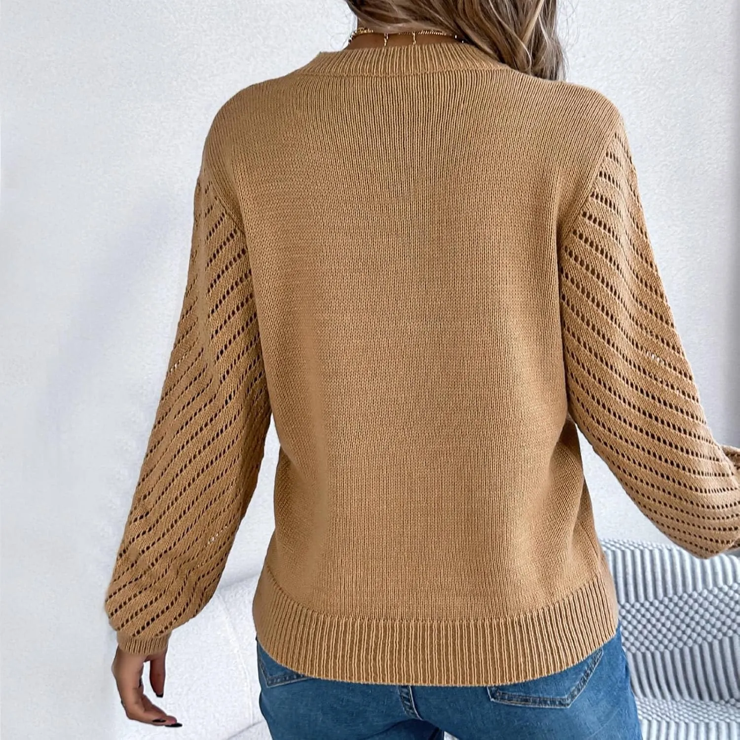 Ladies Casual Sexy V-Neck Long Sleeve Ribbed Knit Hollow Out Sweater Top, S-XL