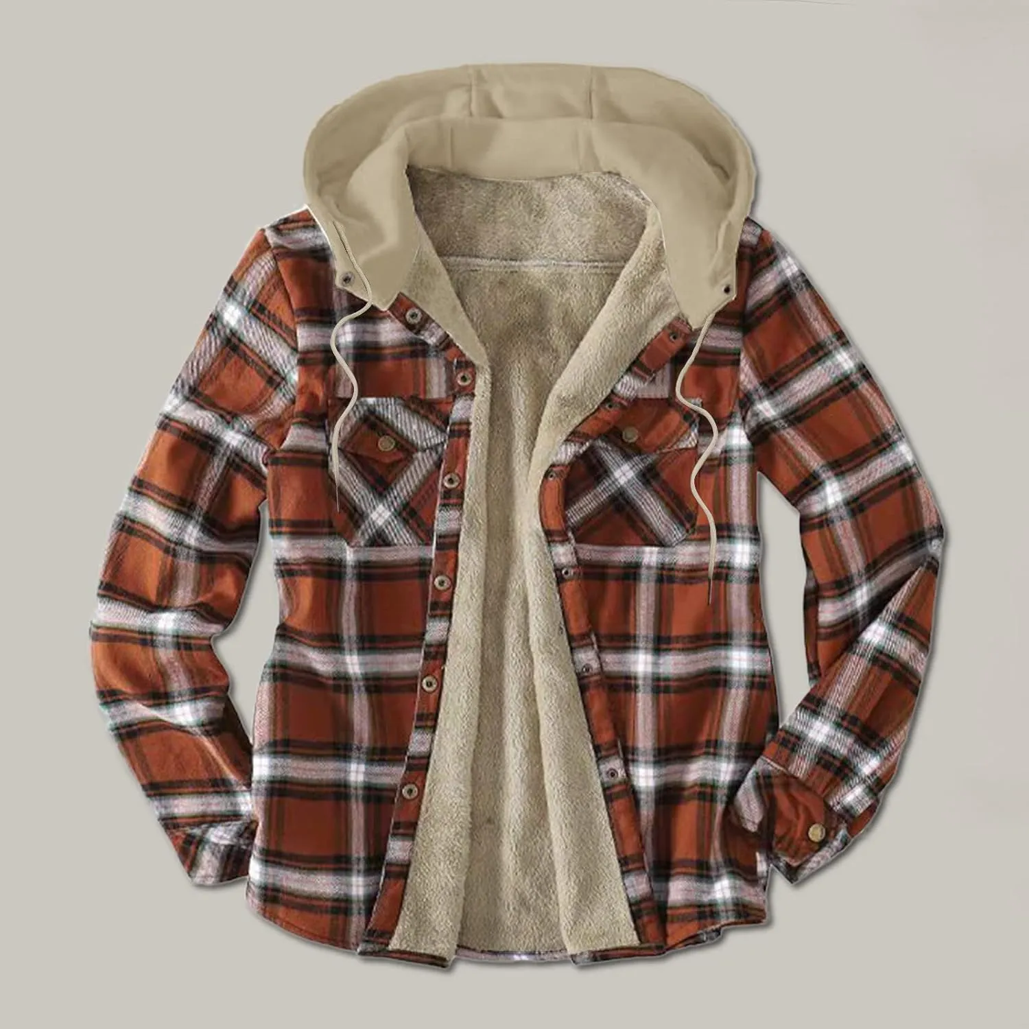 LCMTWX Men's Cotton Plaid Shirts Jacket Pocket Hooded Loose Coat Plus Velvet Shirt Top with Hood for Men Soft Warm Coat for