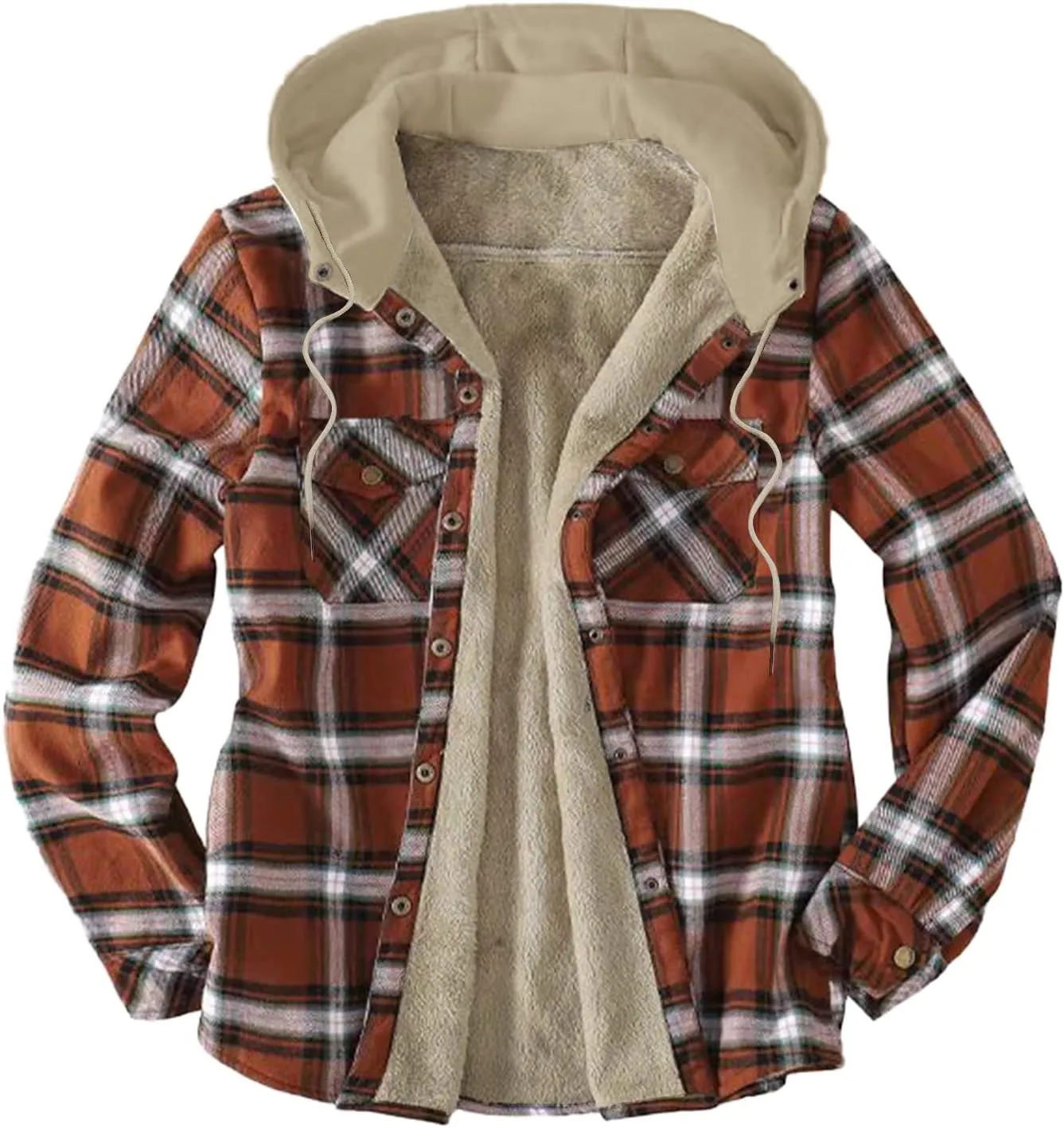 LCMTWX Men's Cotton Plaid Shirts Jacket Pocket Hooded Loose Coat Plus Velvet Shirt Top with Hood for Men Soft Warm Coat for