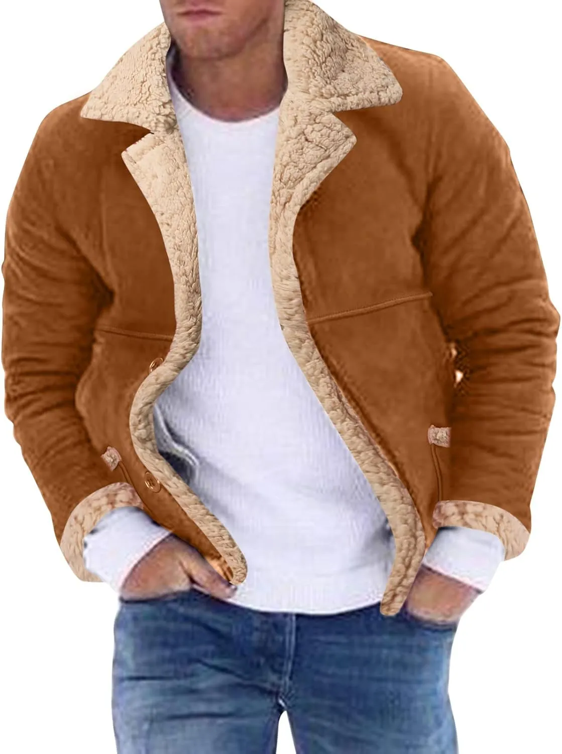 Leather Jacket Men Shearling Sherpa Lined Faux Leather Bomber Jacket Motorcycle Stlyle Warm Winter Coat with Pockets Outerwear