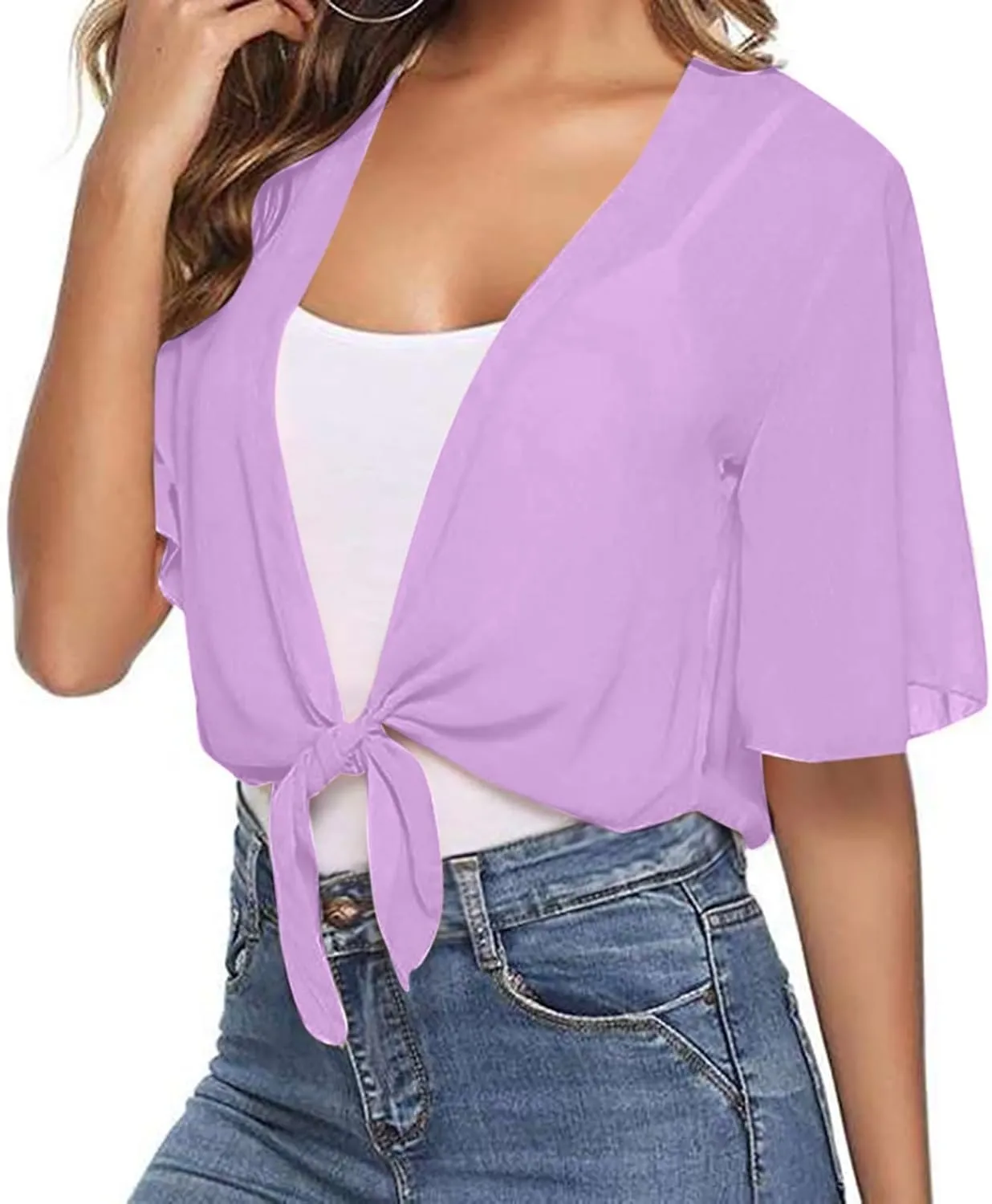 Lightweight Cardigans for Women Chiffon Sheer Shrug Short Sleeve tie Front Cardigan Summer Cropped Cardigan