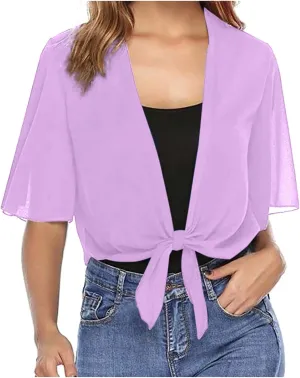 Lightweight Cardigans for Women Chiffon Sheer Shrug Short Sleeve tie Front Cardigan Summer Cropped Cardigan
