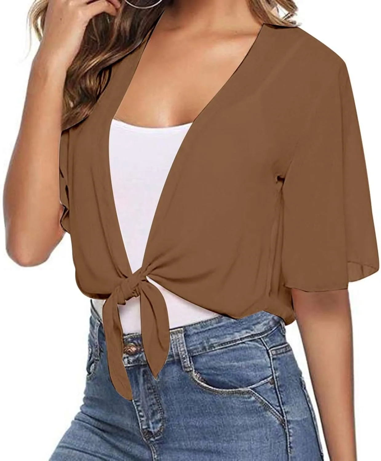 Lightweight Cardigans for Women Chiffon Sheer Shrug Short Sleeve tie Front Cardigan Summer Cropped Cardigan